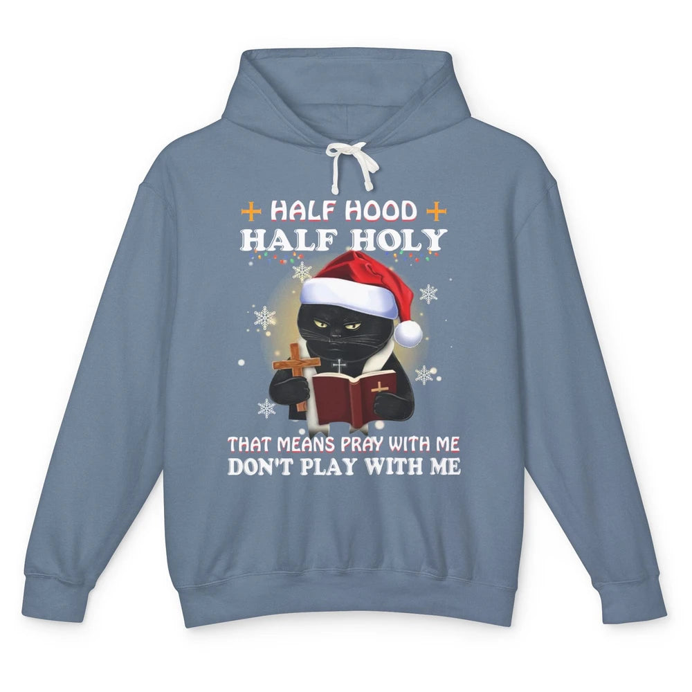 Black Cat Santa Half Hood Half Holly Christmas Bible Verse Unisex Lightweight Hoodie