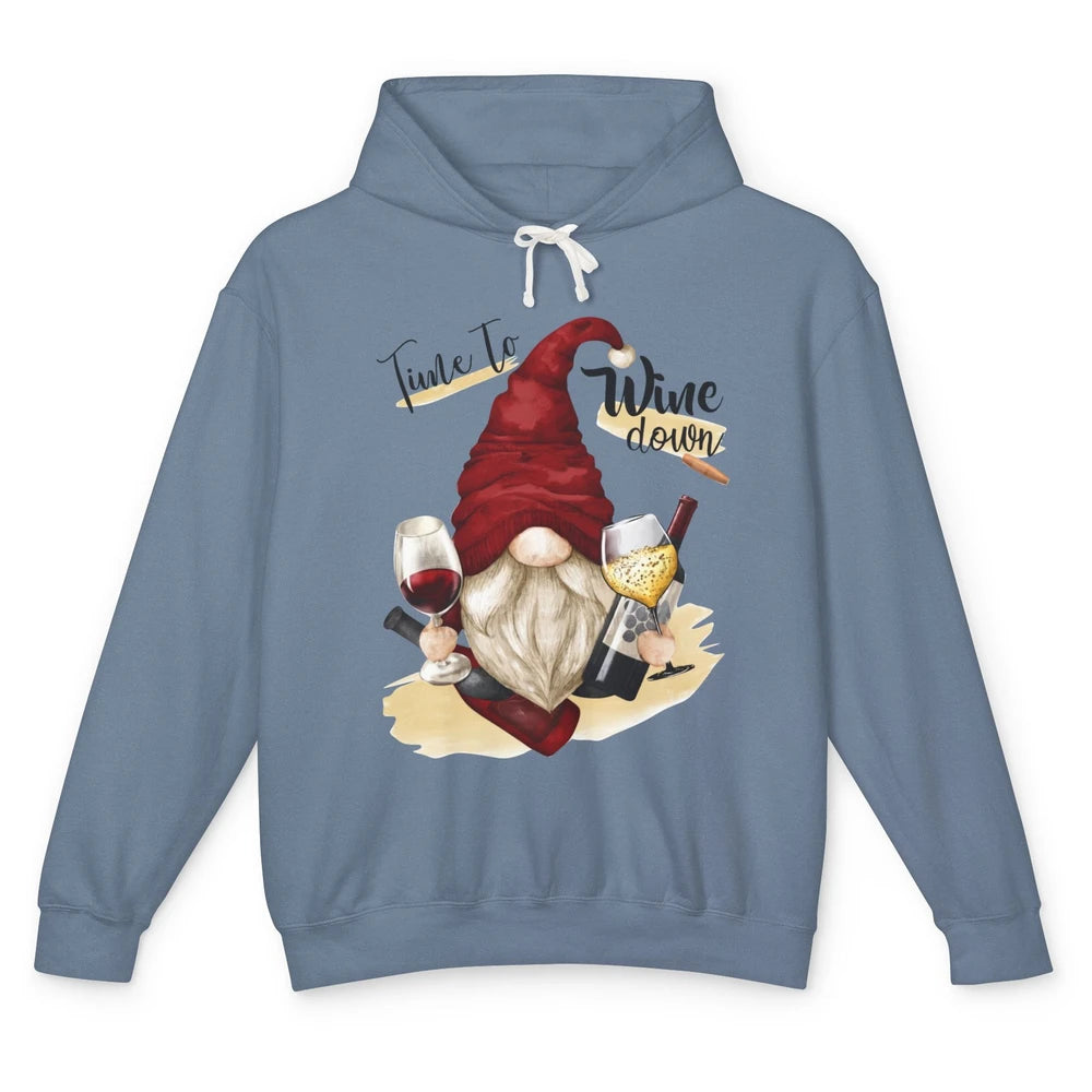 Christmas Gnome Wine It's Time to Wine Down Winter Holiday Unisex Lightweight Hoodie