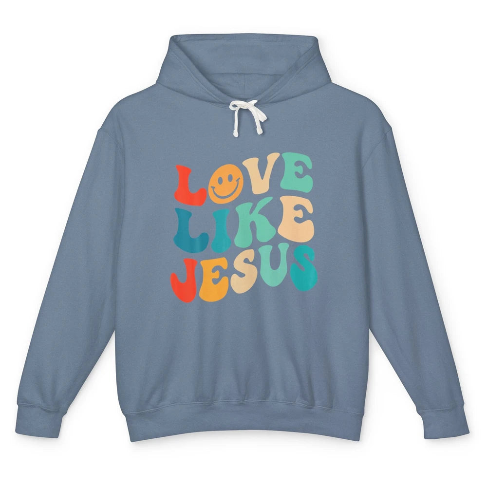 Retro Groovy Love Like Jesus Smiling Face Christ Faith God Unisex Lightweight Hoodie