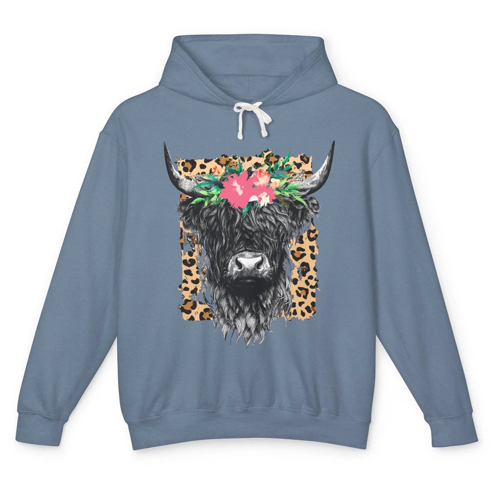 Leopard Floral Highland Cow Heifer Cattles Western Country Unisex Lightweight Hoodie
