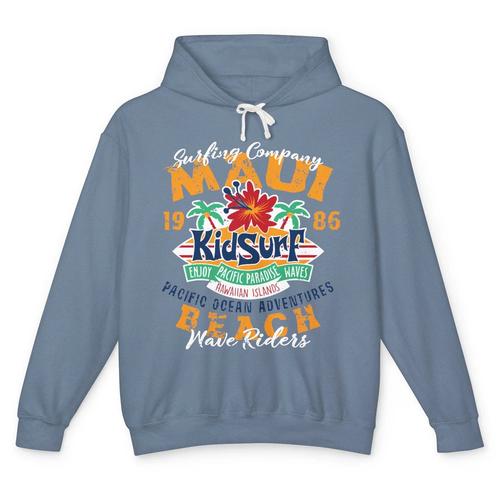 Retro Maui Island 1986 Hawaii Kid Surfing Pacific Paradise Unisex Lightweight Hoodie