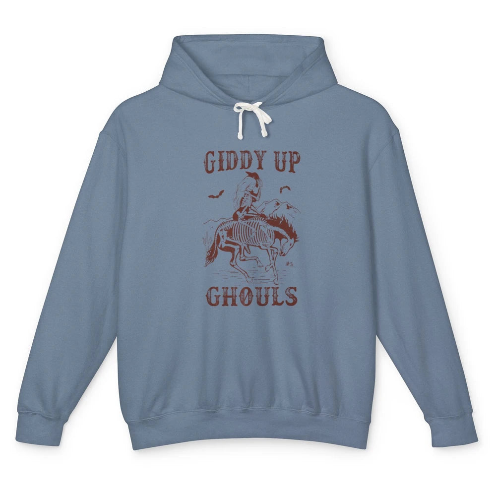 Retro Giddy Up Ghouls Skeleton Western Cowgirl Howdy Cowboy Unisex Lightweight Hoodie