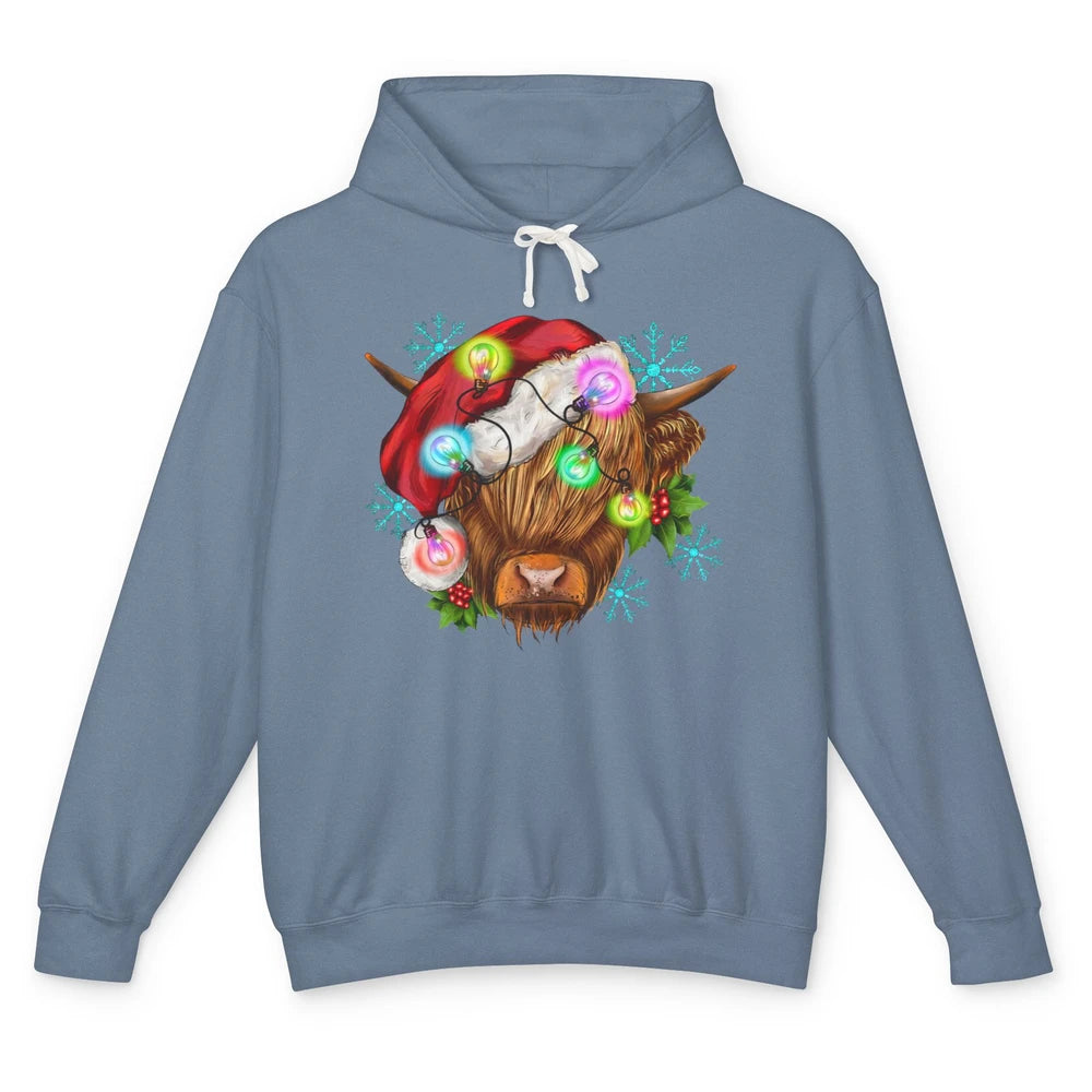 Christmas Highland Cow Xmas Light Western Christmas Cow Unisex Lightweight Hoodie