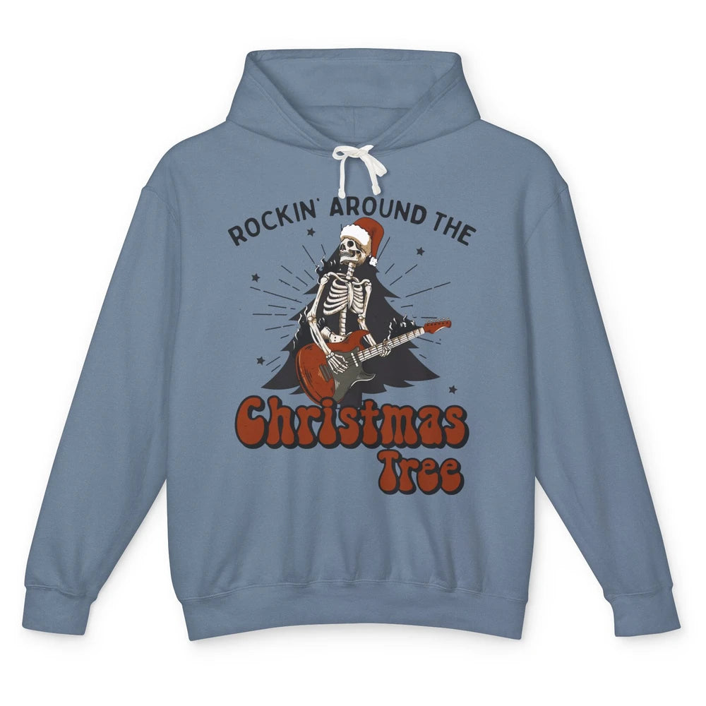 Skeleton Guitar Rocking Around Christmas Tree Western Xmas Unisex Lightweight Hoodie