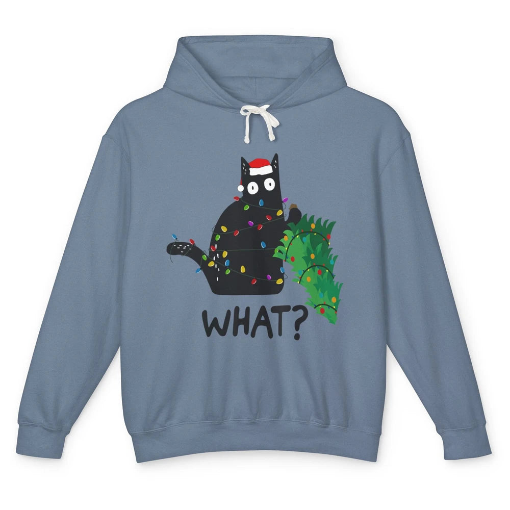 Black Cat Pushing Christmas Tree What Xmas Lights Santa Hat Unisex Lightweight Hoodie