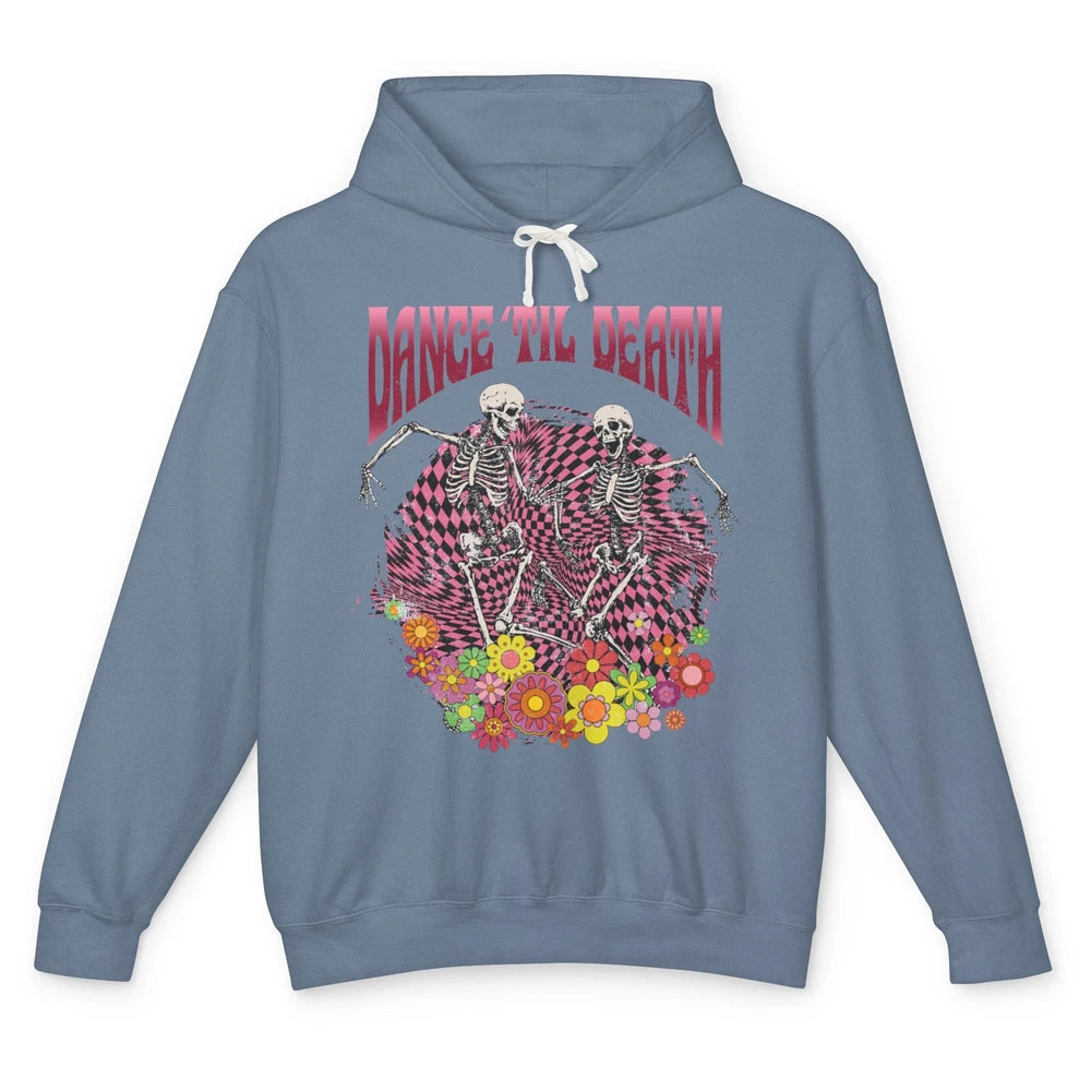 Retro Dancing Skeletons Dance Til Death Groovy Daisy Floral Unisex Lightweight Hoodie