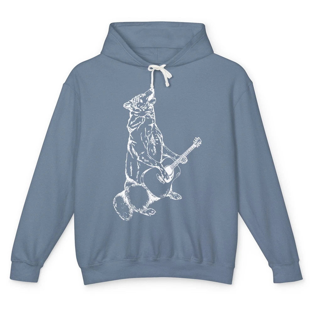 Retro Howling Wolf Playing Guitar Musician Guitarist Music Unisex Lightweight Hoodie