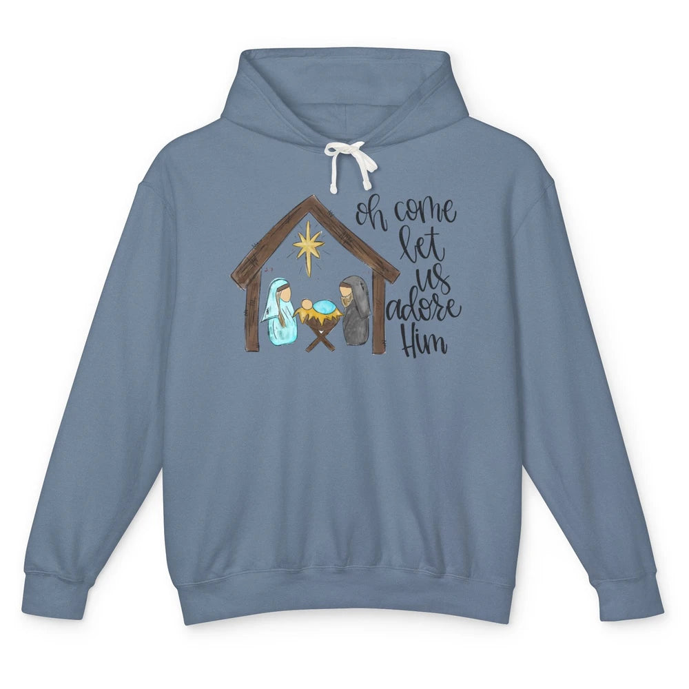 Retro Christmas Church Oh Come Let Us Adore Him Hand Drawing Unisex Lightweight Hoodie