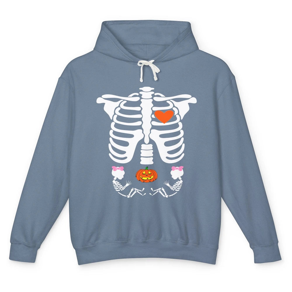 Pregnant Halloween Skeleton Baby Twins Witch Pumpkin Costume Unisex Lightweight Hoodie