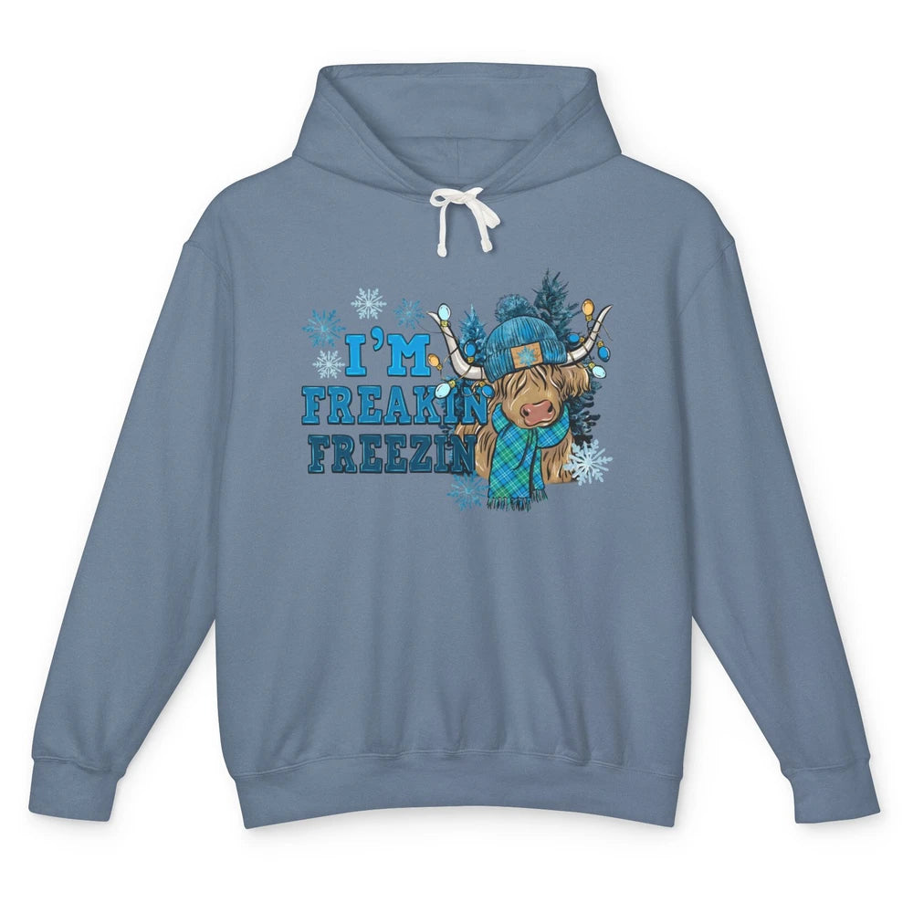 Funny Christmas Highland Cow I'm Freaking Freezing Western Unisex Lightweight Hoodie