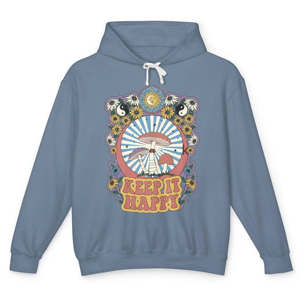 Retro Groovy Keep It Happy Mushroom Daisy Sun Positive Mind Unisex Lightweight Hoodie
