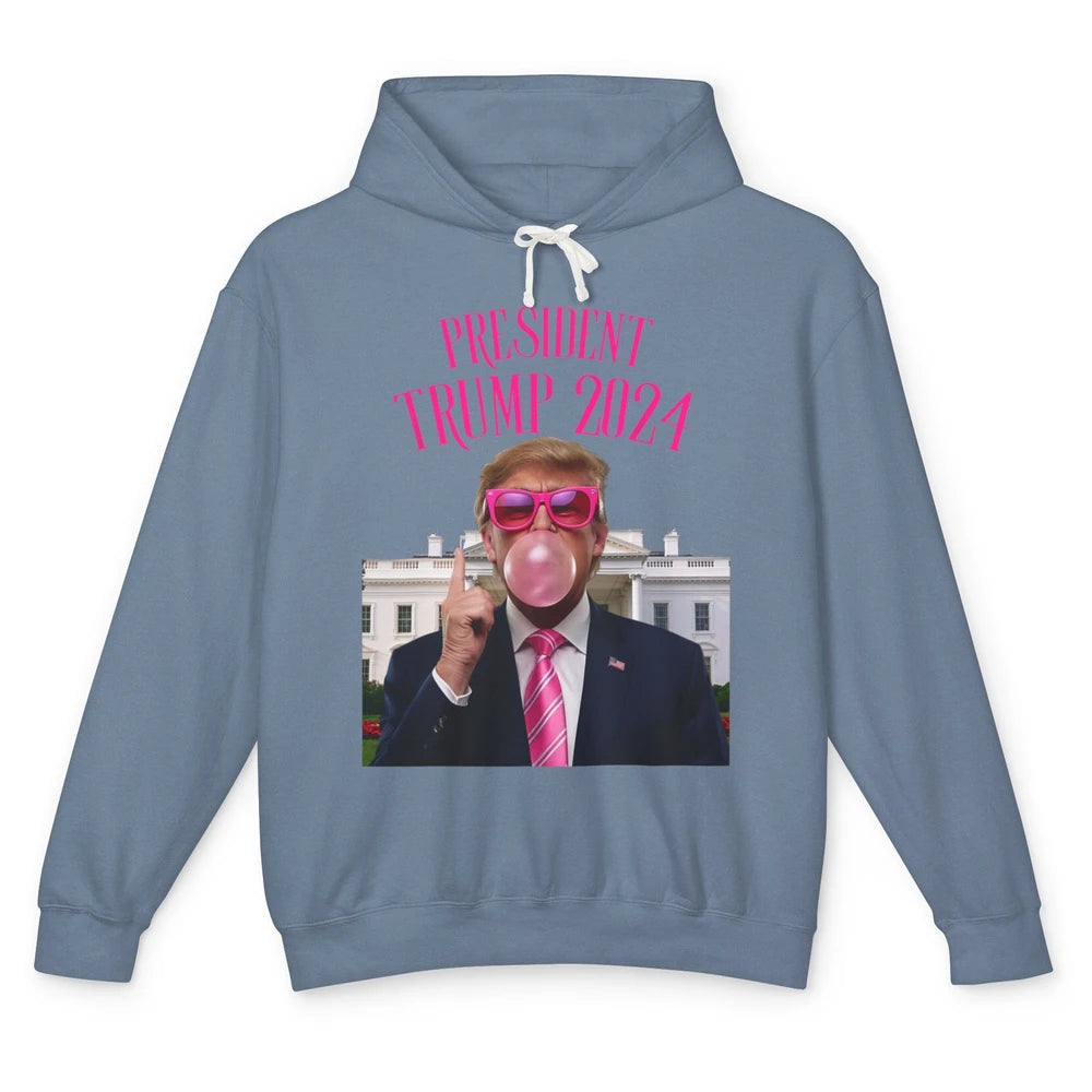 President Trump 2024 Blowing Bubble Gum Funny Trump Won Sarcastic Chewing Gum Pink Sunglasses Political Unisex Lightweight Hoodie