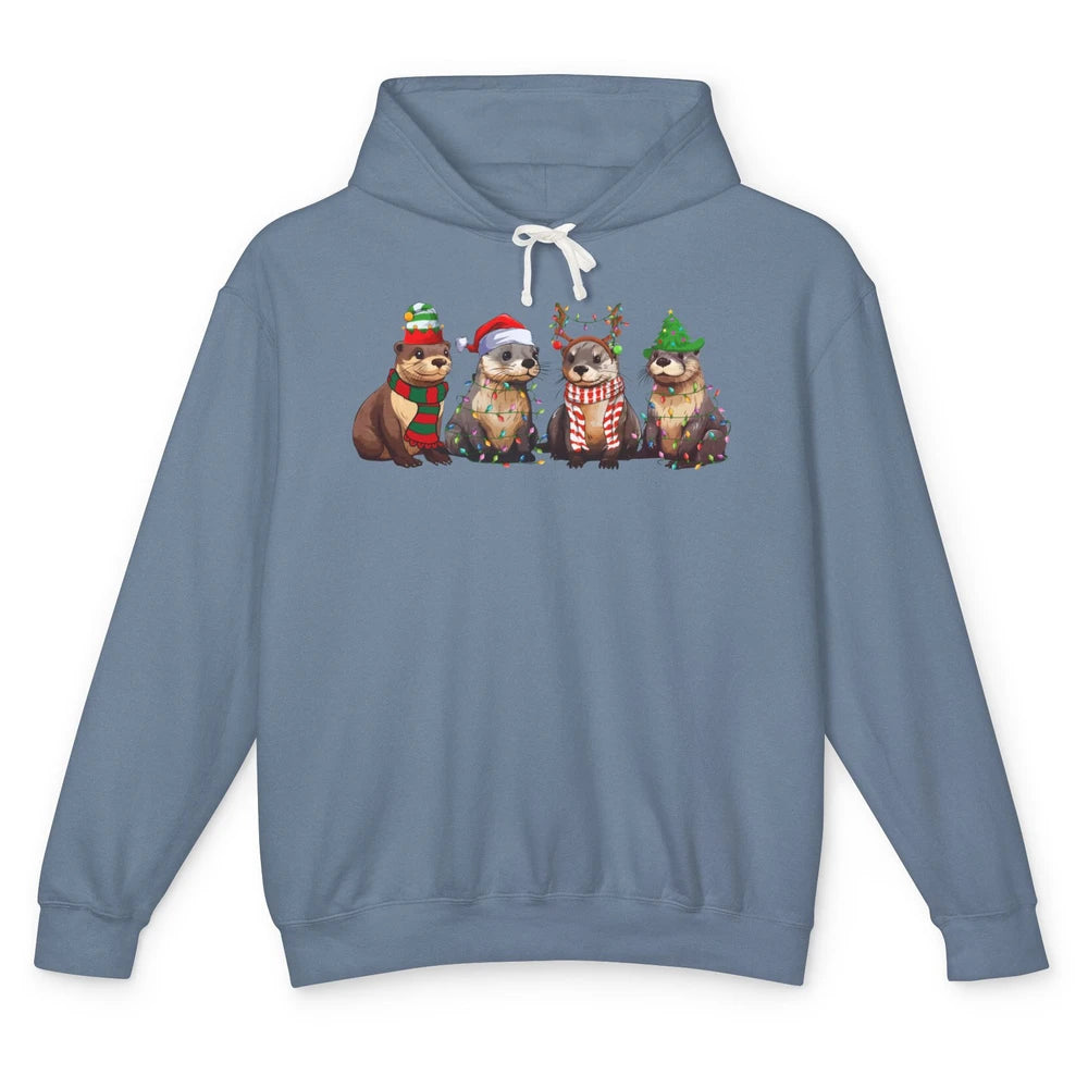 Otters Christmas Lights Sea Animal Christmas Otter Lovers Unisex Lightweight Hoodie