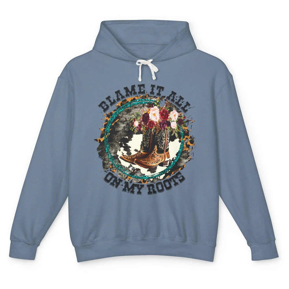 Retro Leopard Cowboy Boots Blame It On My Roots Western Girl Unisex Lightweight Hoodie