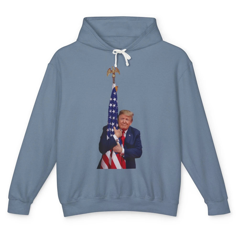 Donald Trump Hugging American Flag Vote Election Republic Unisex Lightweight Hoodie