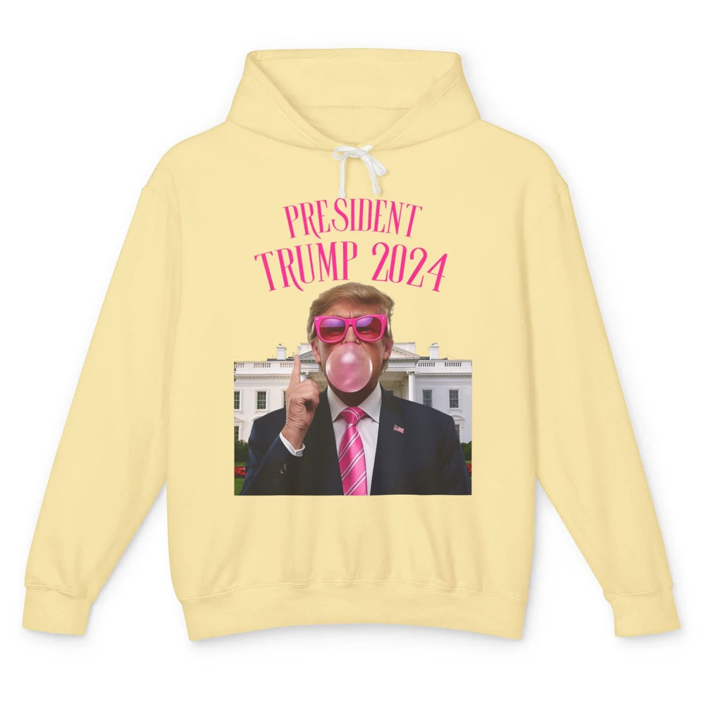 President Trump 2024 Blowing Bubble Gum Funny Trump Won Sarcastic Chewing Gum Pink Sunglasses Political Unisex Lightweight Hoodie