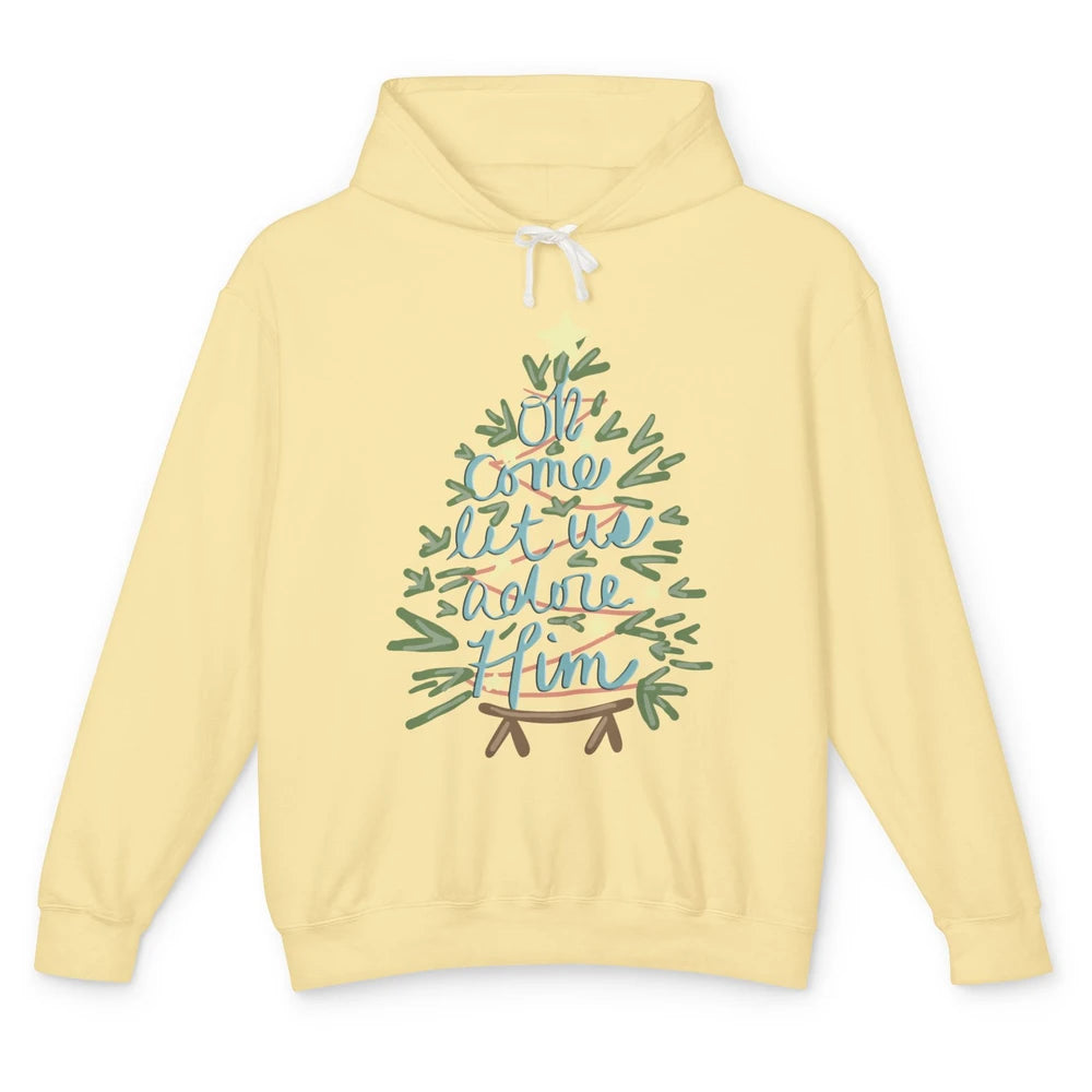 Retro Christmas Tree Oh Come Let Us Adore Him Groovy Xmas Unisex Lightweight Hoodie