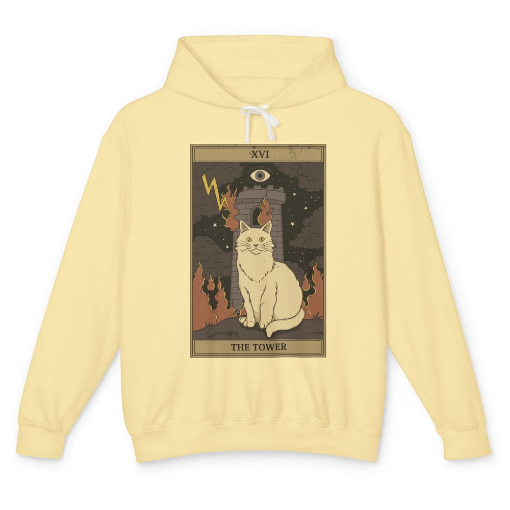 Retro Halloween Cat Witch The Tower Tarot Card Witchcraft Unisex Lightweight Hoodie