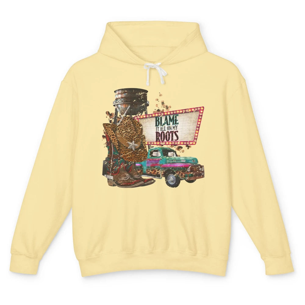 Retro Leopard Cowboy Boots Hat Blame It On My Roots Western Unisex Lightweight Hoodie