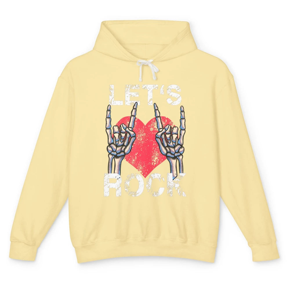 Lets Rock Vintage Heart Skeleton Play Guitar Funny Guitarist Unisex Lightweight Hoodie
