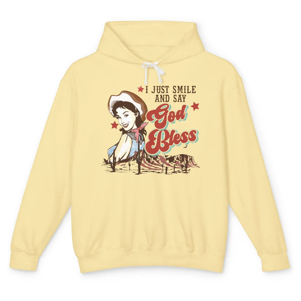 Retro Cowgirl Just Smile And Say God Bless Western Desert Unisex Lightweight Hoodie