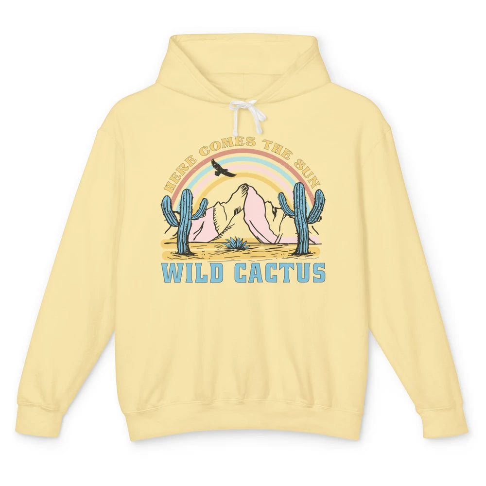 Retro Rainbow Here Come The Sun Wild cactus Desert Western Unisex Lightweight Hoodie