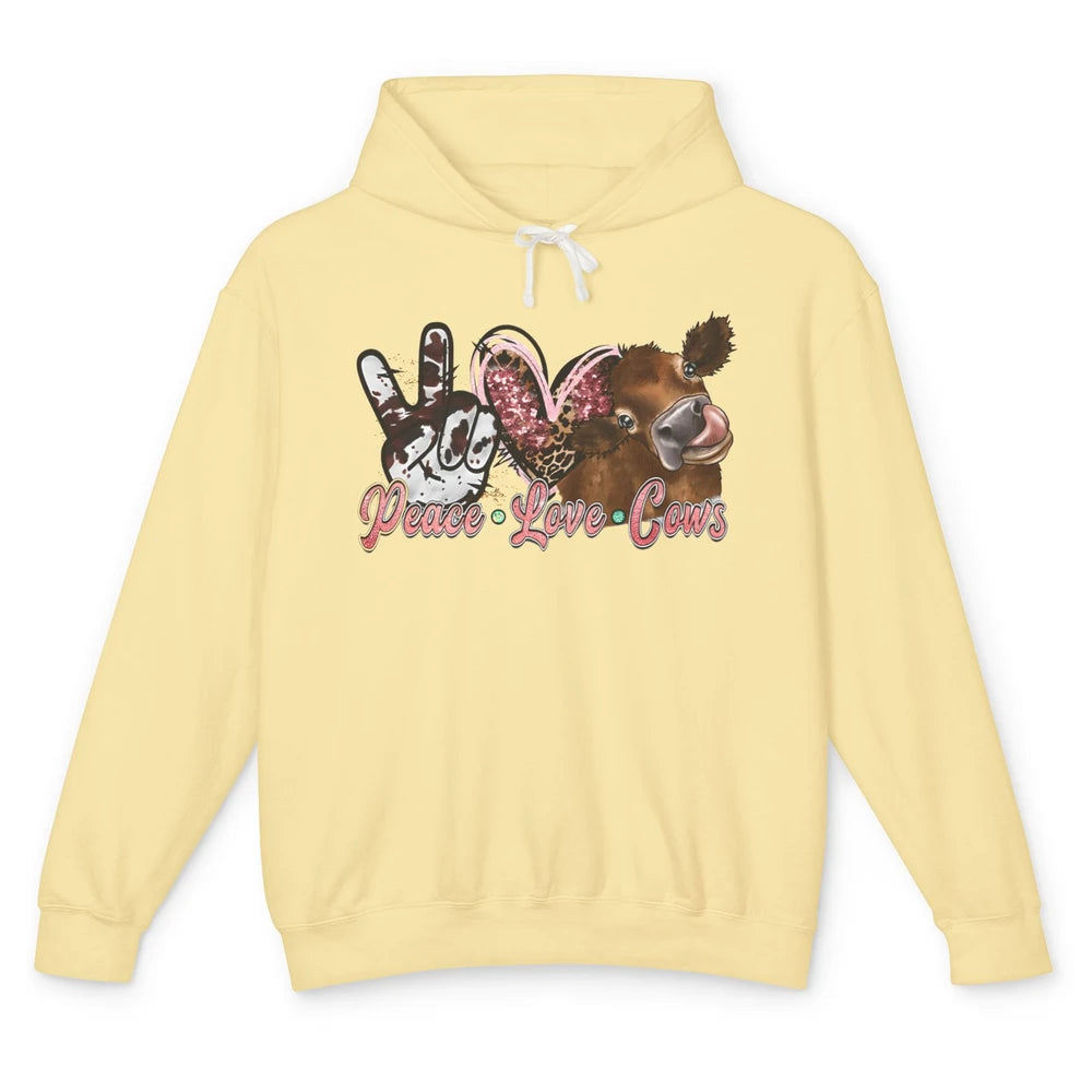 Peace Love Cows Farm Animals Western Cowhide Cow Lovers Gift Unisex Lightweight Hoodie