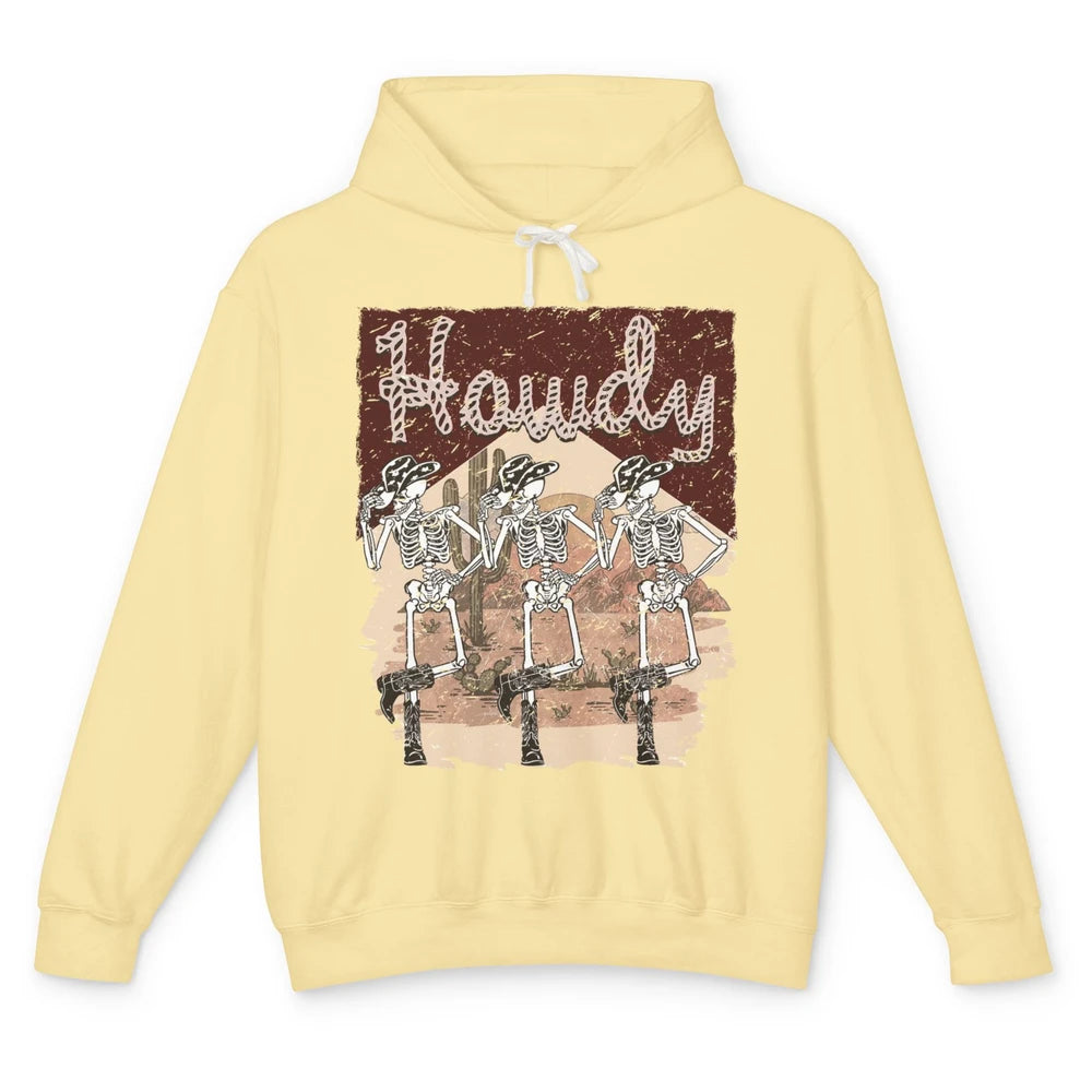 Retro Desert Cowboy Skeleton Dancing Howdy Western Halloween Unisex Lightweight Hoodie