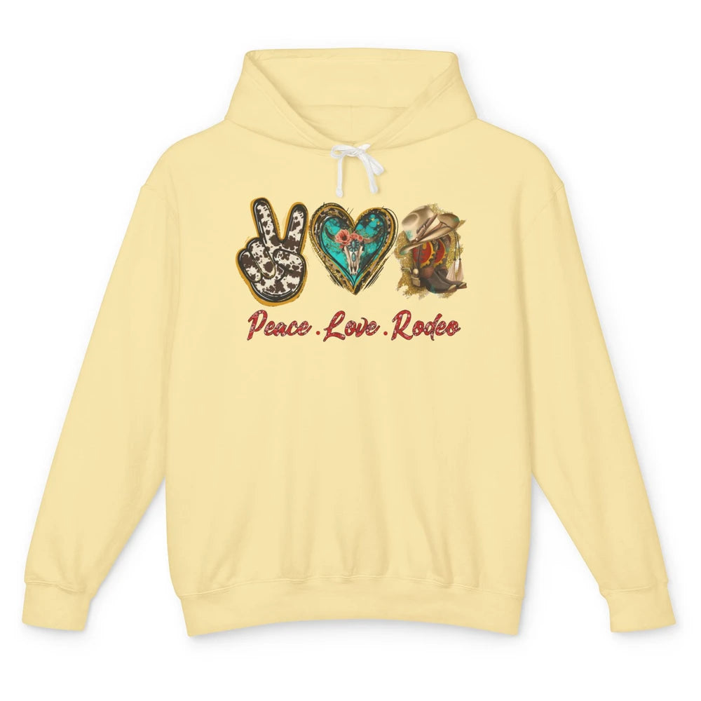 Retro Peace Love Rodeo Cowboy Boots Western Country Cowgirl Unisex Lightweight Hoodie