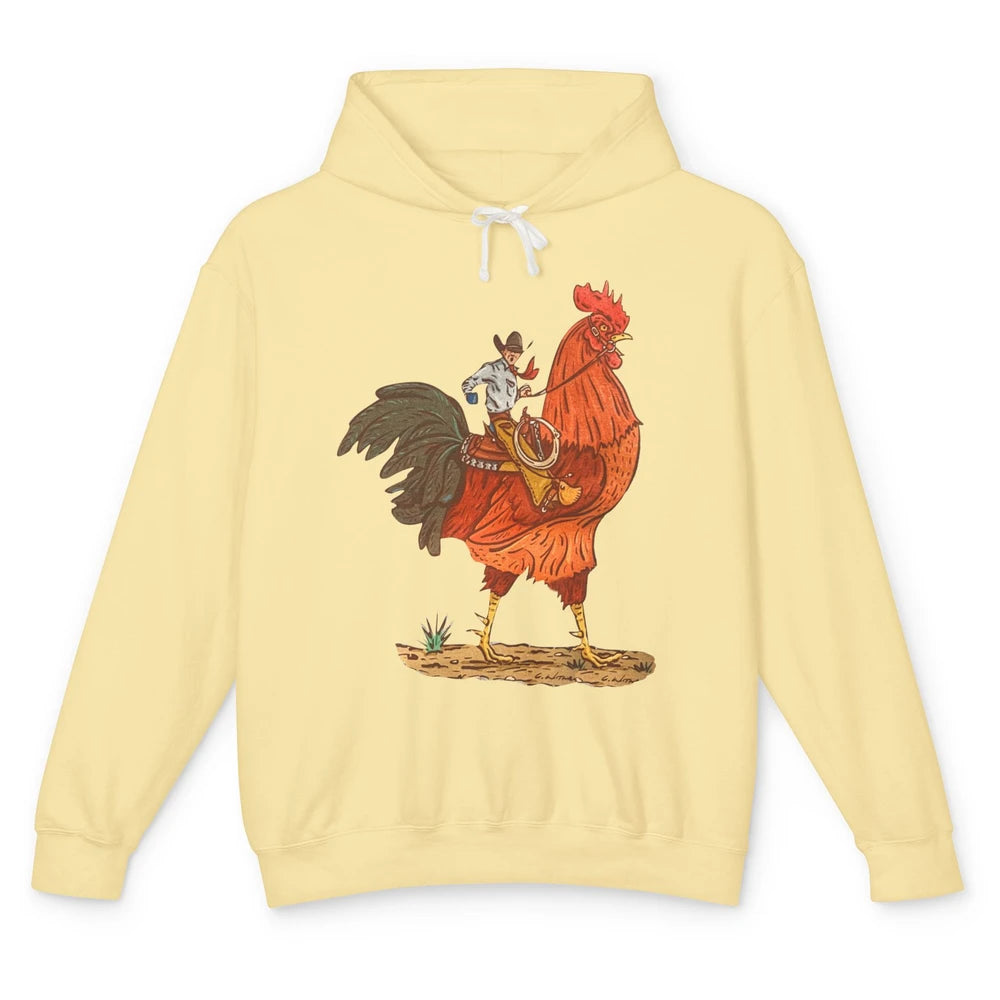 Retro Cowboy Riding Rooster Funny Western Country Cowboy Unisex Lightweight Hoodie