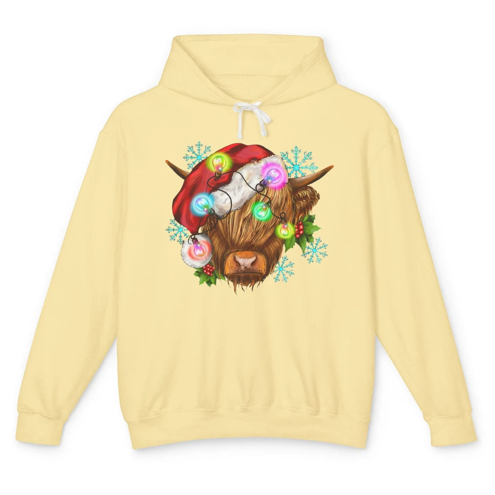 Christmas Highland Cow Xmas Light Western Christmas Cow Unisex Lightweight Hoodie