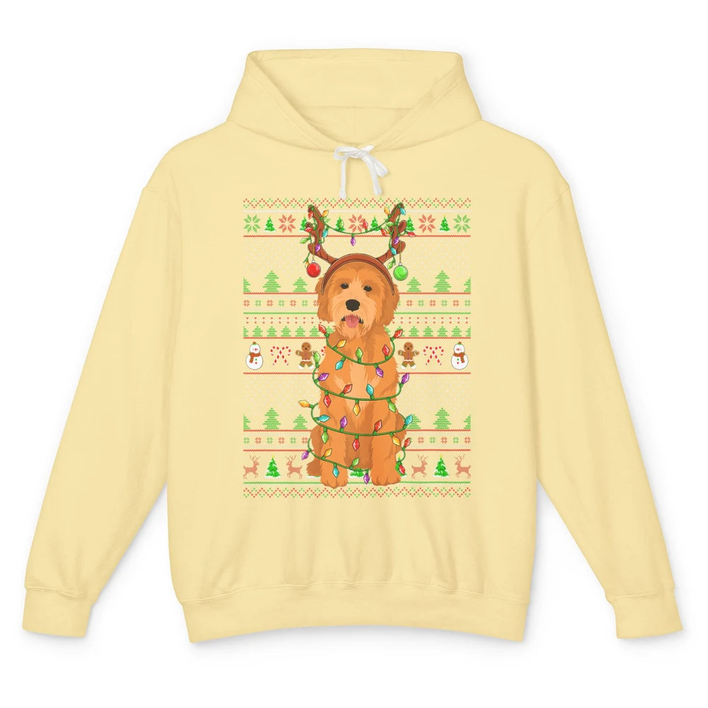 Merry Christmas Golden Doodle Dog Reindeer Xmas Lights Ugly Unisex Lightweight Hoodie