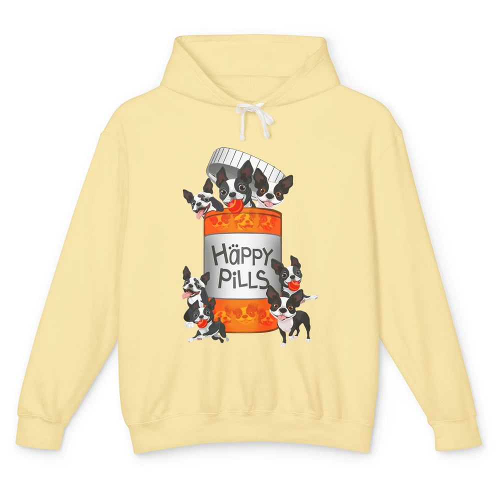 Funny Boston Terrier Happy Pills Cute Dog Pet Positive Vibe Unisex Lightweight Hoodie