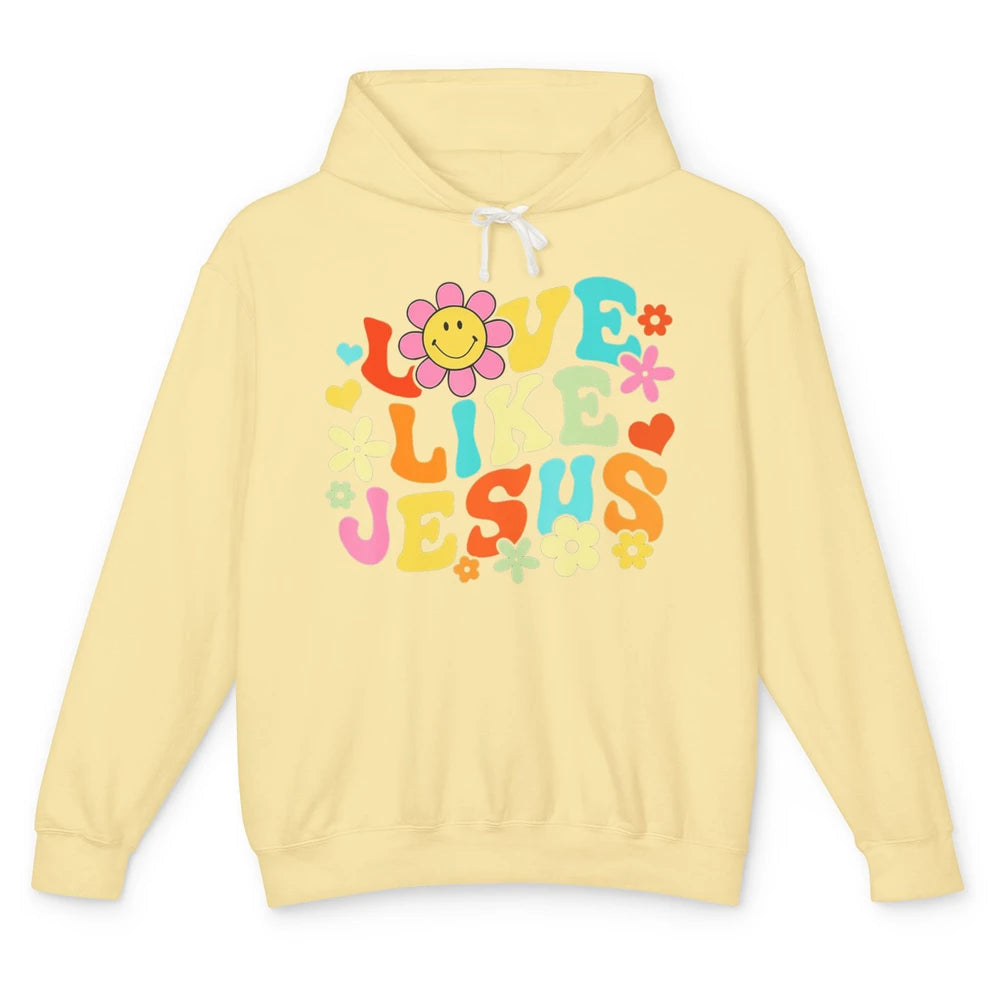 Retro Groovy Love Like Jesus Smiling Face Daisy Boho God Unisex Lightweight Hoodie