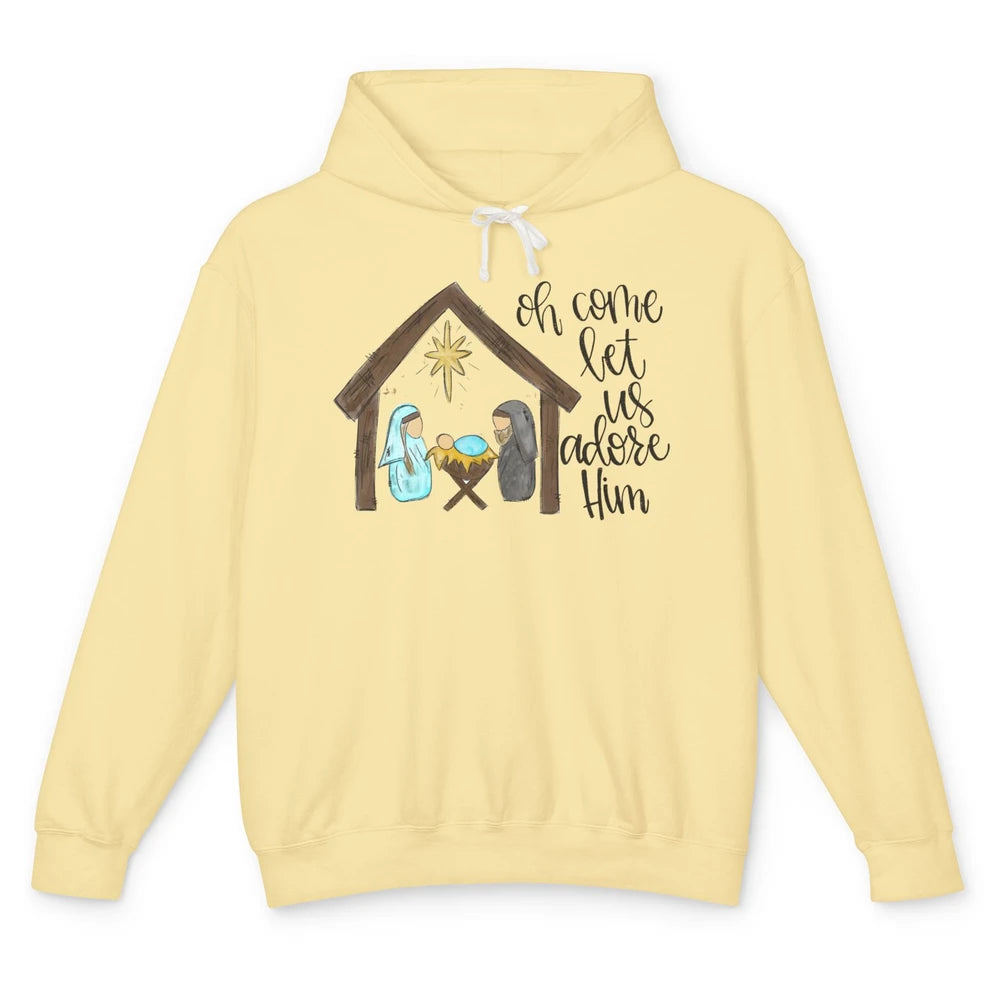 Retro Christmas Church Oh Come Let Us Adore Him Hand Drawing Unisex Lightweight Hoodie