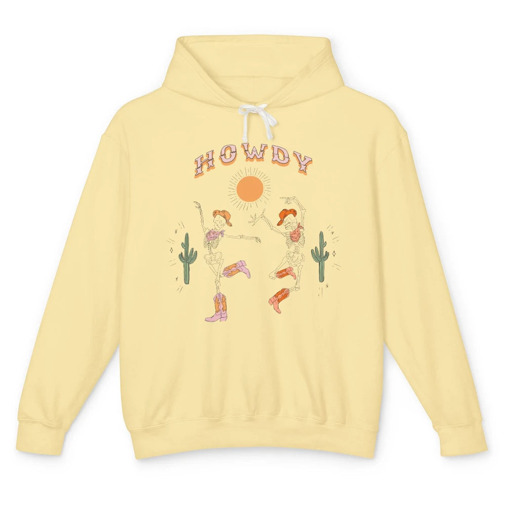 Retro Desert Skeleton Dancing Cowboy Boots Hat Howdy Western Unisex Lightweight Hoodie