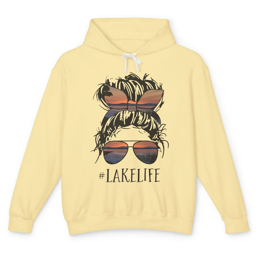 Lake Life Messy Bun Hair Girl Women Retro Lake Summer Gift Unisex Lightweight Hoodie