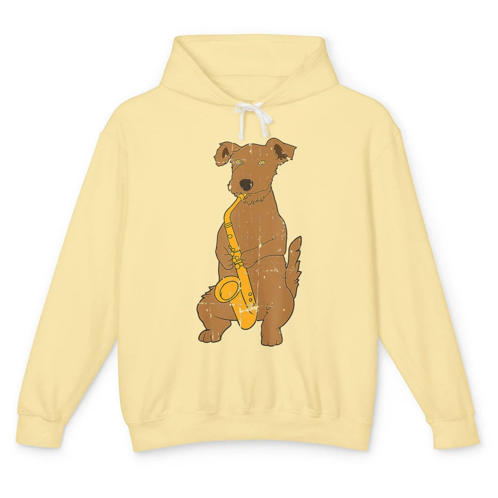 Funny Dog Vintage Jazz Puppy Musician Musical Note Saxophone Unisex Lightweight Hoodie
