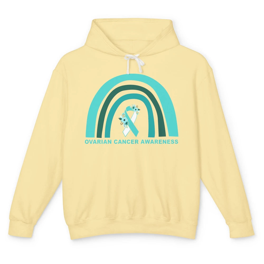 Ovarian Cancer Awareness Support Floral Turquoise Rainbow Unisex Lightweight Hoodie