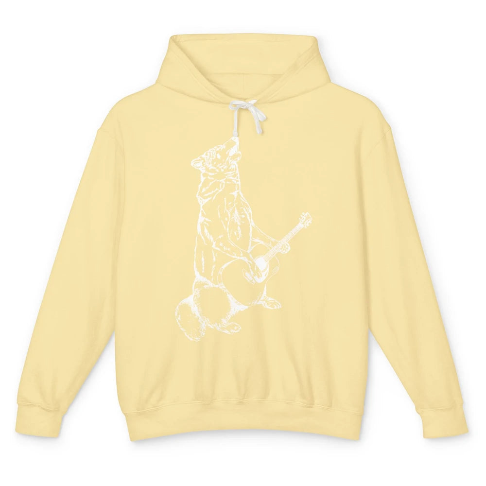 Retro Howling Wolf Playing Guitar Musician Guitarist Music Unisex Lightweight Hoodie