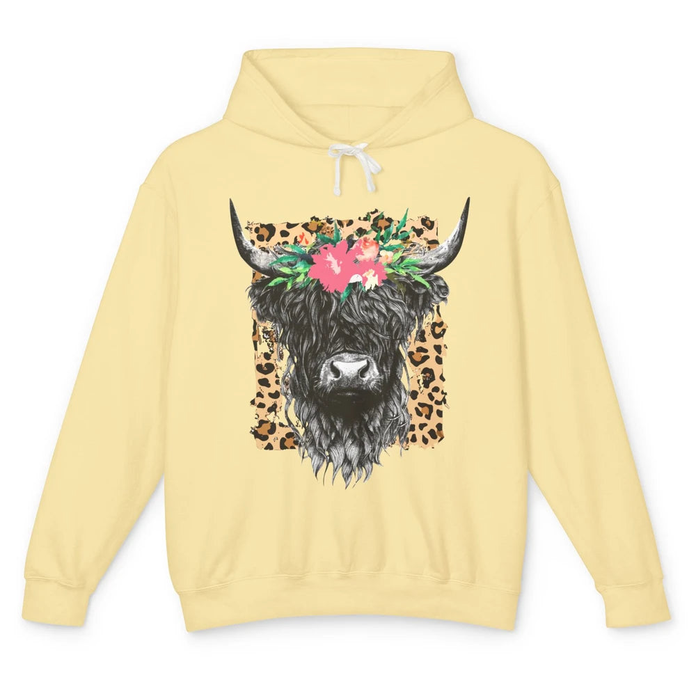 Leopard Floral Highland Cow Heifer Cattles Western Country Unisex Lightweight Hoodie