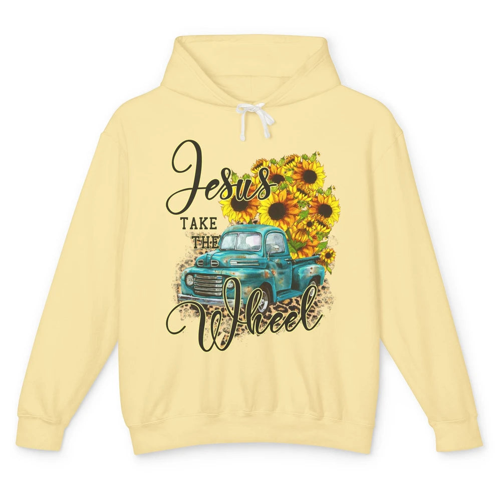 Sunflower Jesus Take The Wheel Christian Gift Leopard Print Unisex Lightweight Hoodie