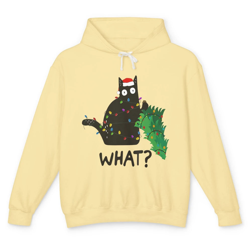 Black Cat Pushing Christmas Tree What Xmas Lights Santa Hat Unisex Lightweight Hoodie