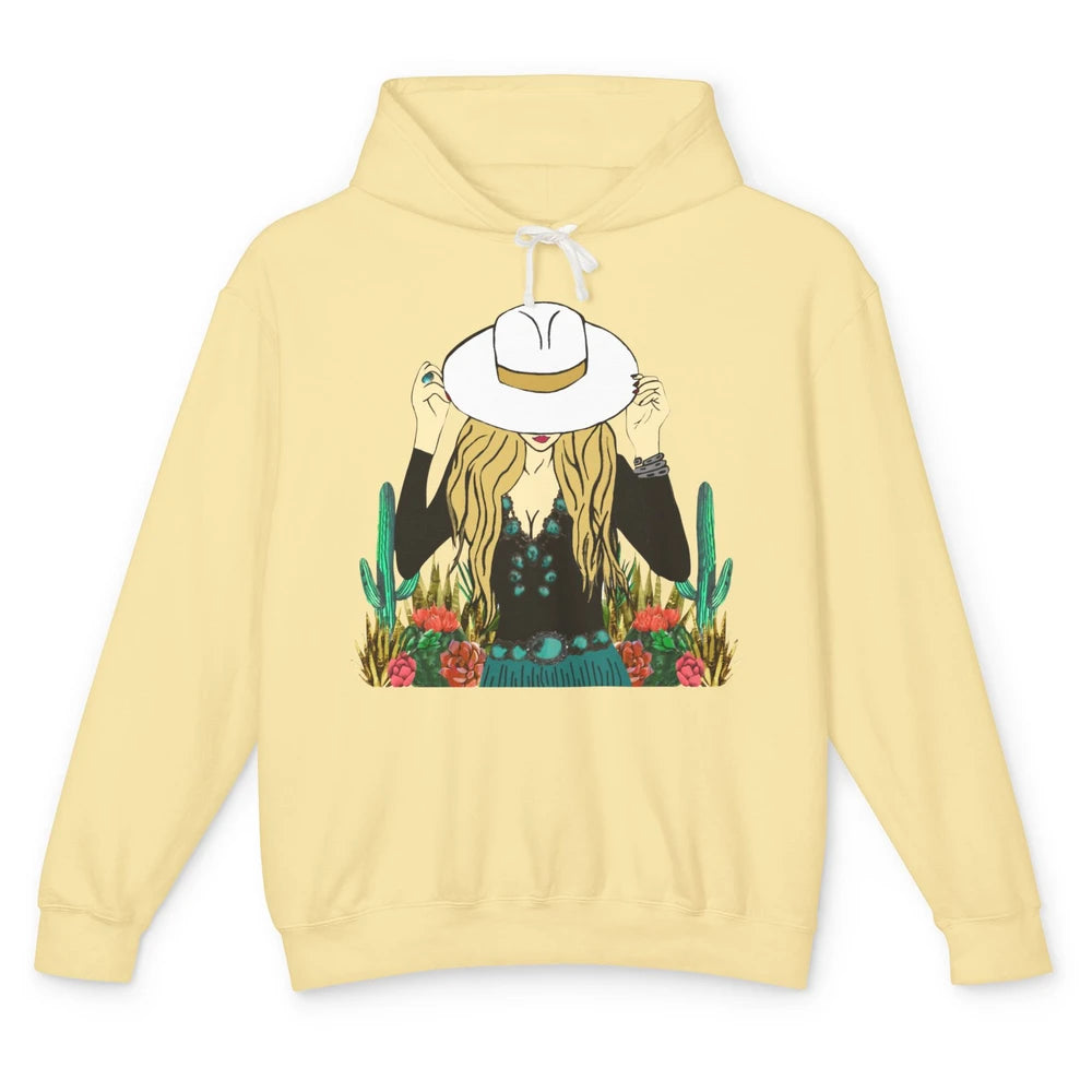 Retro Blonde Cowgirl Punchy Cowhide Turquoise Western Cowboy Unisex Lightweight Hoodie