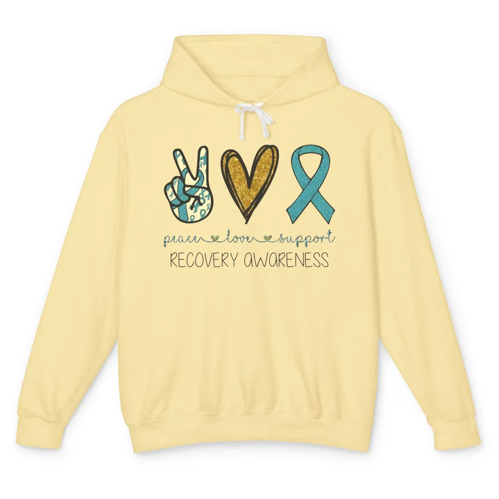 Peace Love Support Addiction Recovery Awareness Blue Ribbon Unisex Lightweight Hoodie
