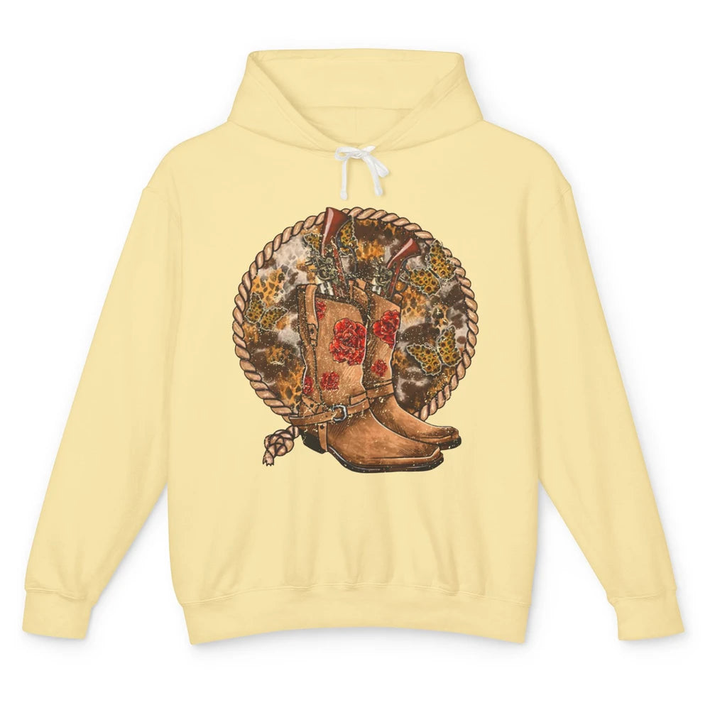 Retro Leopard Cowgirl Boots Sunflower Rodeo Western Country Unisex Lightweight Hoodie