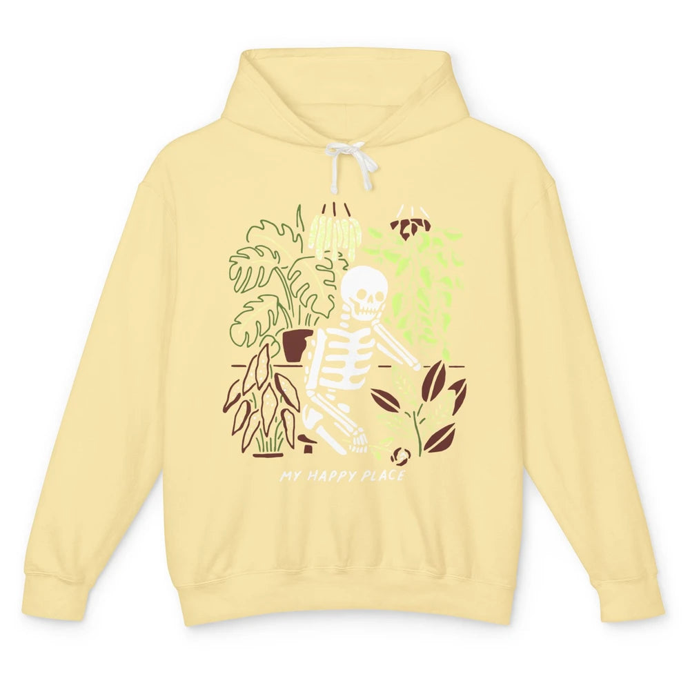 Retro Funny Skeleton Gardening My Happy Place Plant Lovers Unisex Lightweight Hoodie