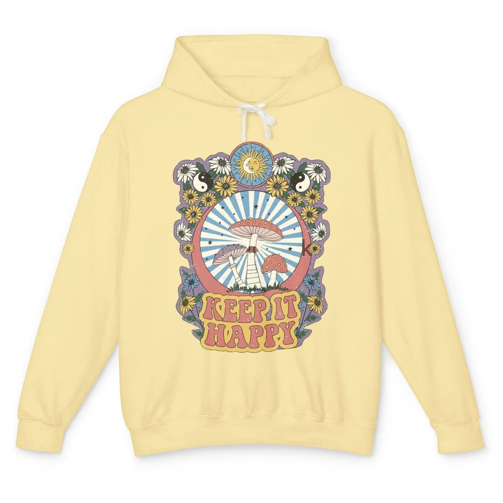 Retro Groovy Keep It Happy Mushroom Daisy Sun Positive Mind Unisex Lightweight Hoodie