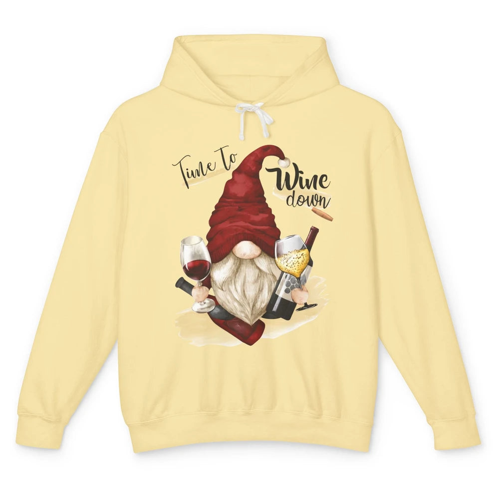 Christmas Gnome Wine It's Time to Wine Down Winter Holiday Unisex Lightweight Hoodie
