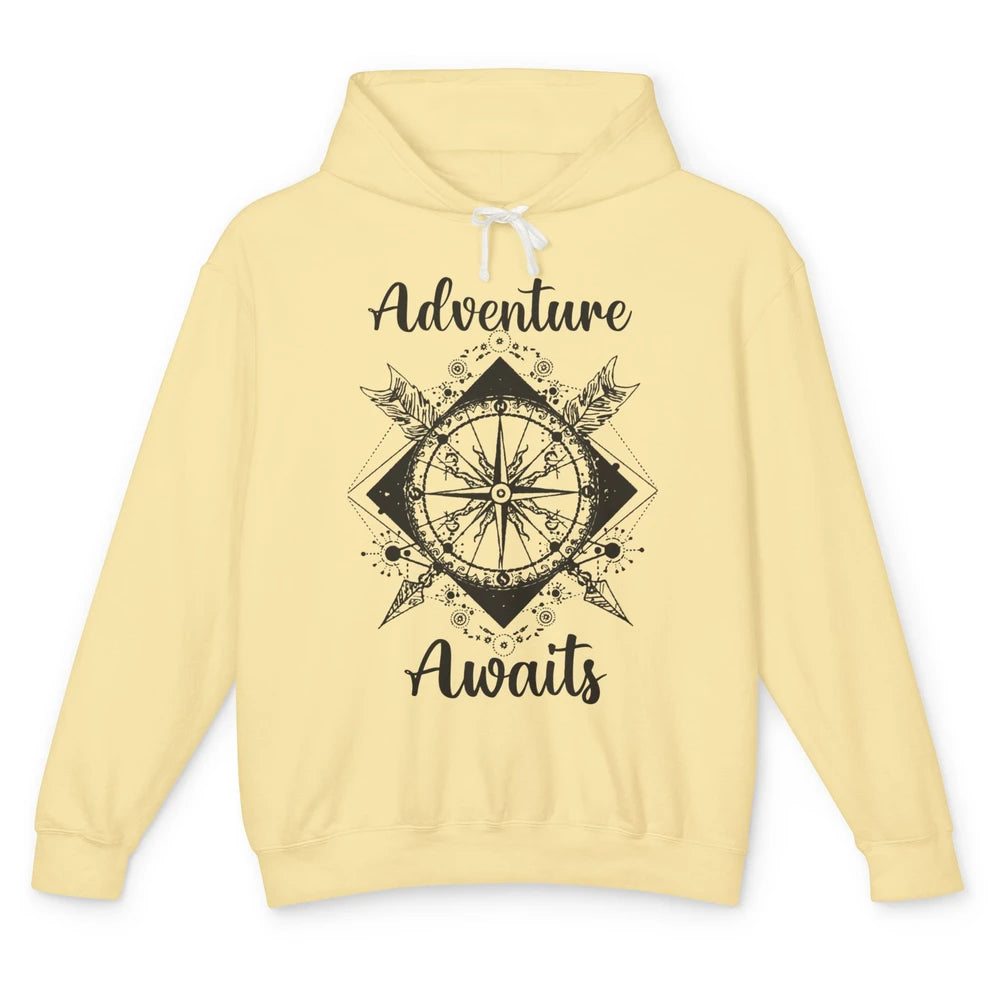 Retro Compass Mountain Adventure Awaits Camping Hiking Lover Unisex Lightweight Hoodie